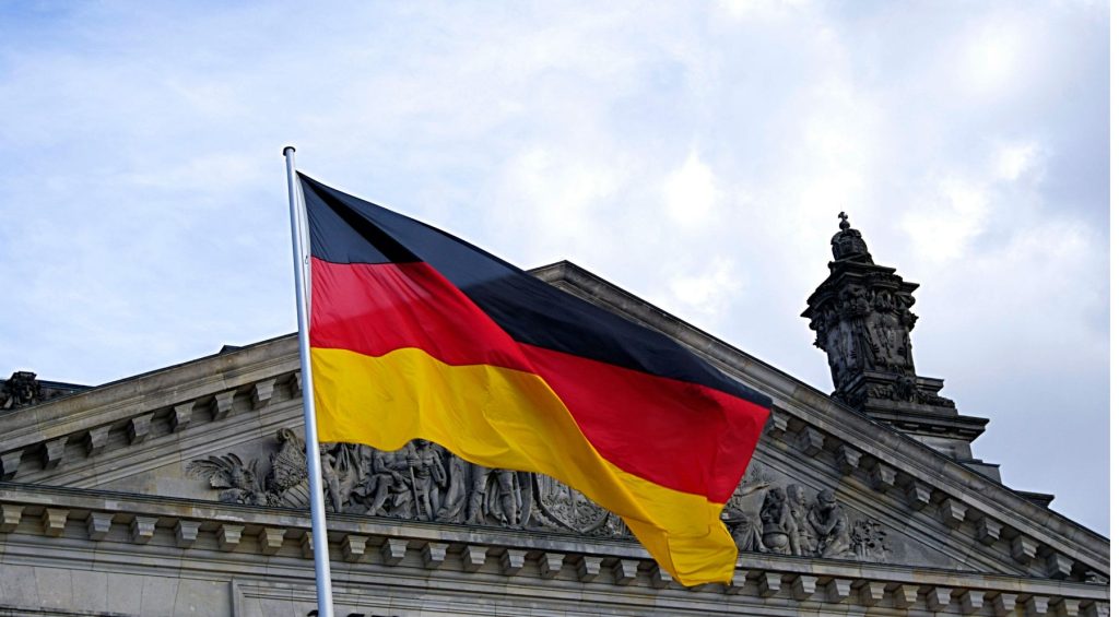 German flag outside a historic building