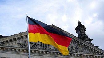 German flag outside a historic building